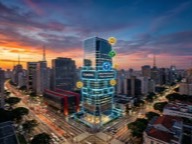 Tokenized office tower over the São Paulo skyline at dusk