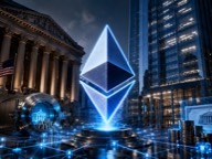 Glowing Ethereum symbol between a classical exchange building and a glass office tower
