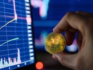 Hand holding a Bitcoin coin in front of trading charts